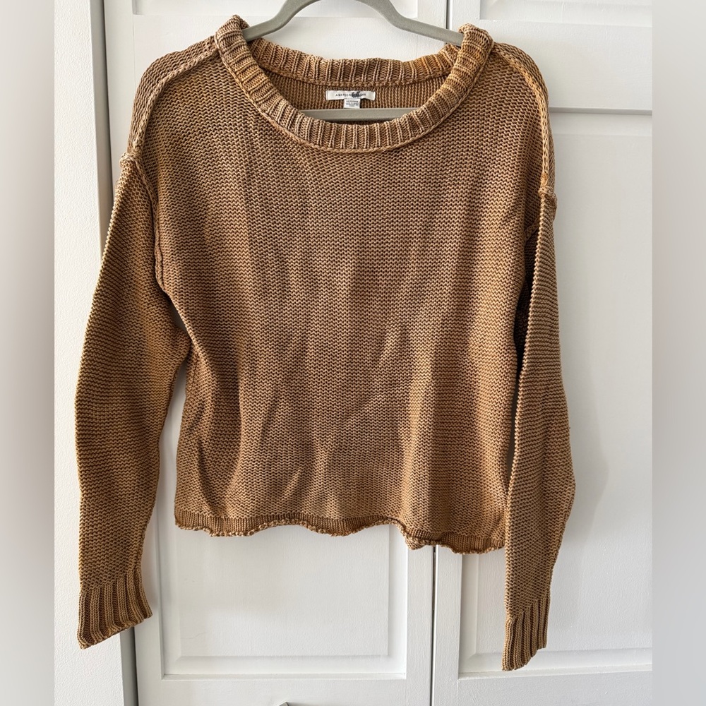 American Eagle 100% Cotton Oversized Knit Sweater XS Camel Slouchy Cozy Neutral - Picture 2 of 10